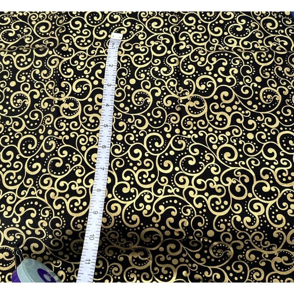 Lux  Timeless Treasures Black Gold Metallic Scroll Cotton Quilting Fabric 46X42